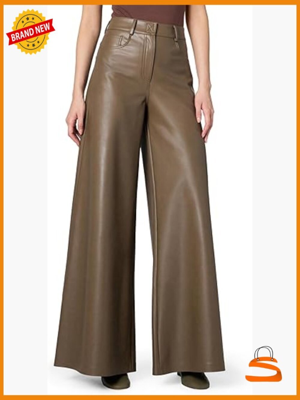 High Rise Wide Leg Vegan Leather Pants, Zip Velcro Closure, Five Pockets